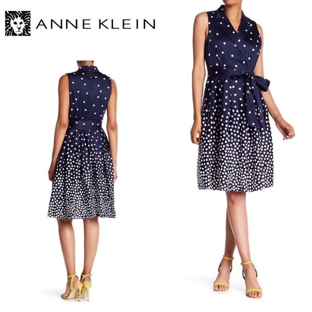 Anne Klein Polka Dot Dress 6 Navy White Sleeveless Faux Wrap Fit Flare Belt - Picture 6 of 8